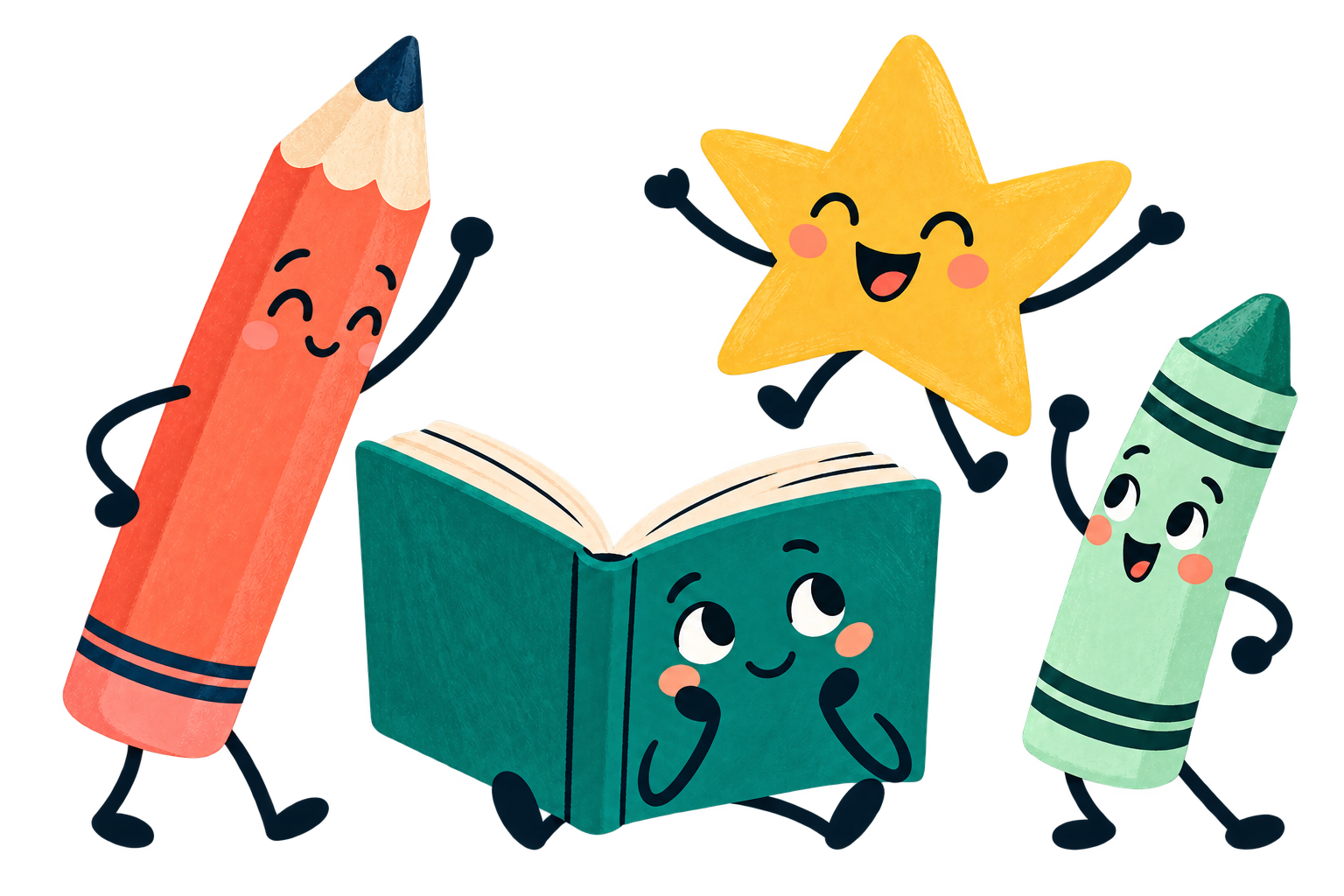 A cheerful pencil, book, star and crayon getting ready for learning